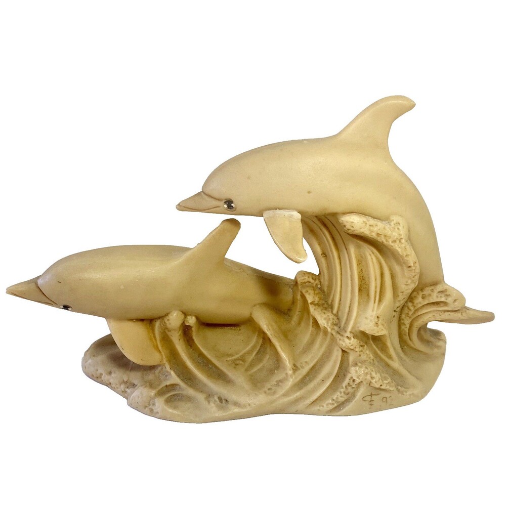 Dolphin Pair Figurine Statue Artist Signed Mexico 1992 Ocean Coast Beach VTG
